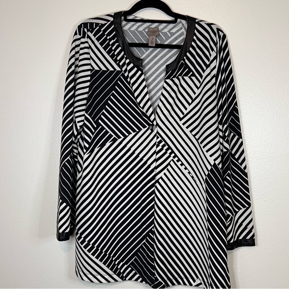 Chico’s Cardigan Size 2 (large 12) Single Button Closure Black White Stripes - Picture 1 of 10
